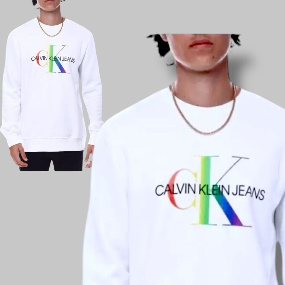 Calvin Klein Sweatshirt Mens M White Rainbow Pullover Spellout Easter Spring - Picture 1 of 9
